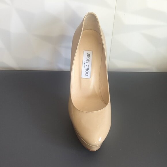 Jimmy Choo Alex Platform in Glossy Nude Beige Patent Leather Pump Heel 38.5 EU - Picture 5 of 8